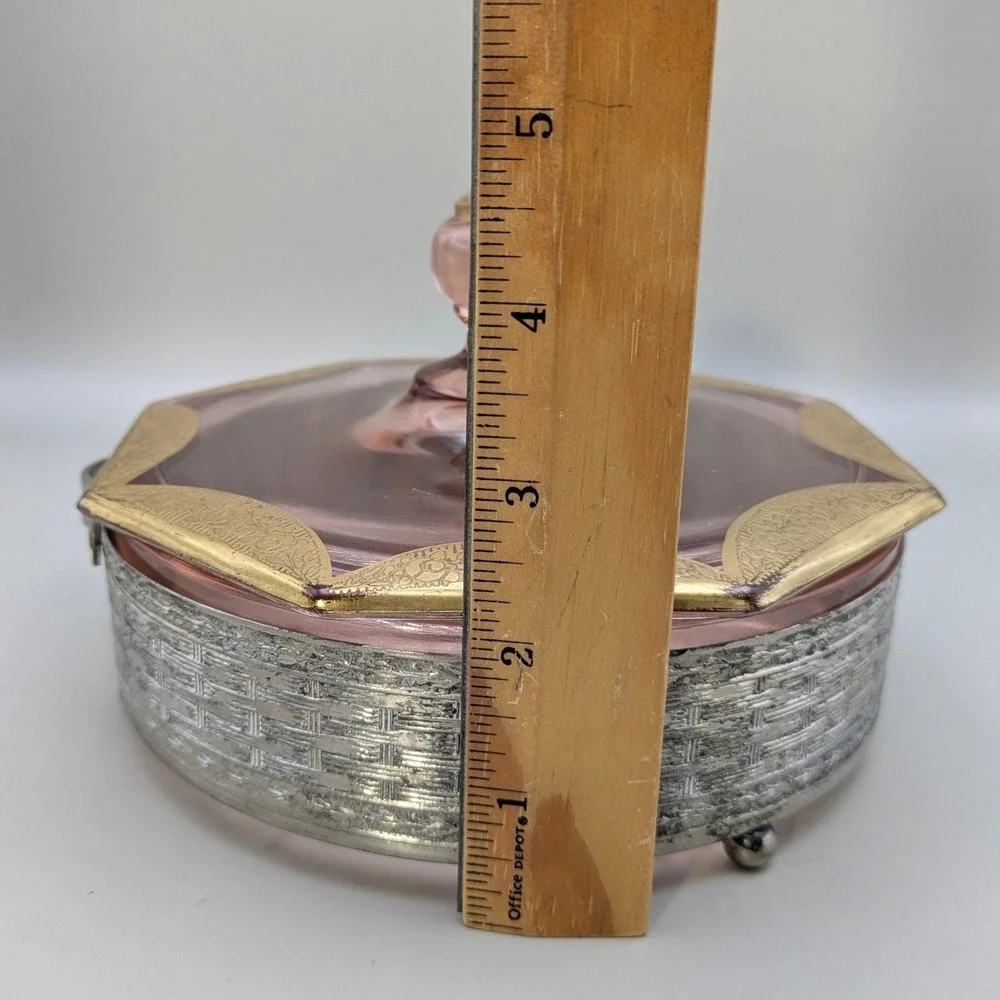 Vintage 1930s Art Deco Pink Depression Glass Divided Dish Gold Trim Metal Basket